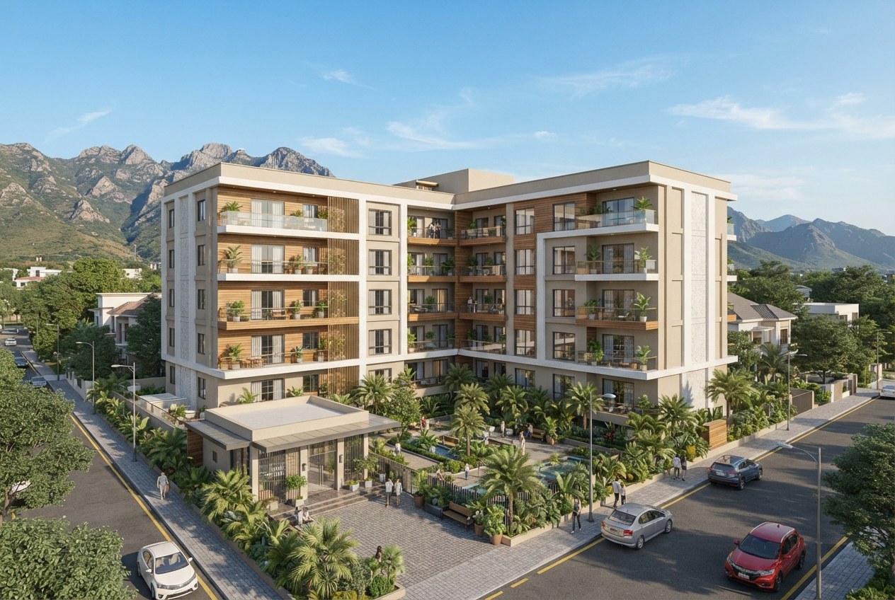 Apartment building with balconies and landscaped courtyard