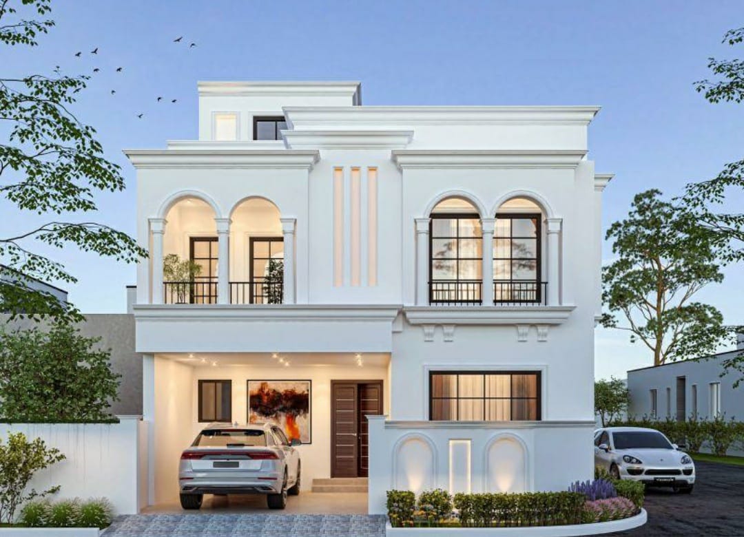 White two-storey house with arched balconies