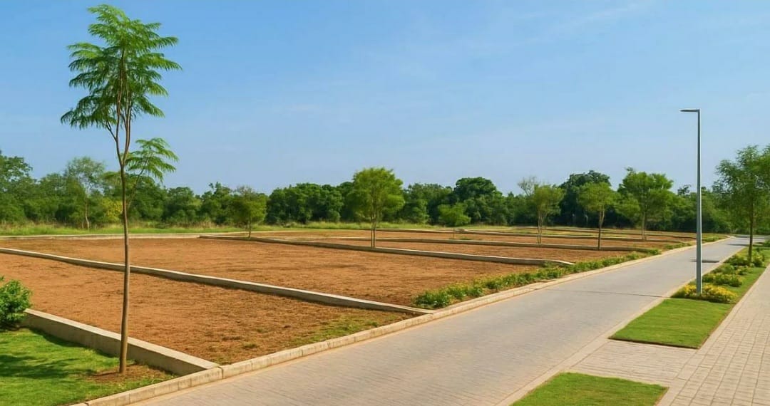 Demarcated residential plots beside a paved road